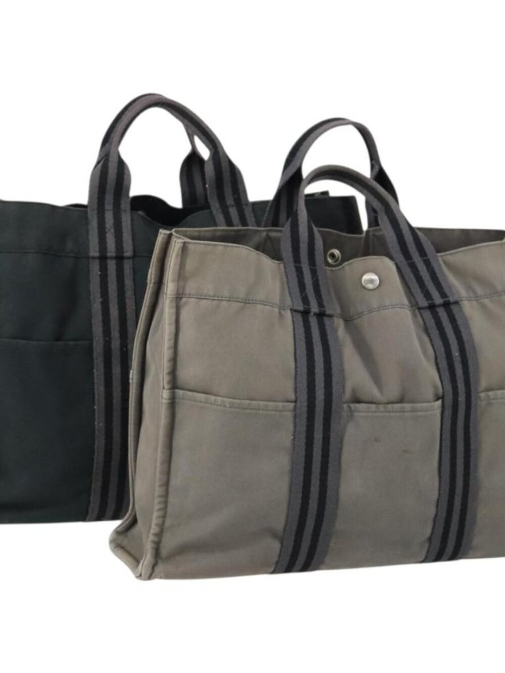 HERMES Fourre Tout MM Tote Bag Canvas 2 Set Gray Black Auth mr1736